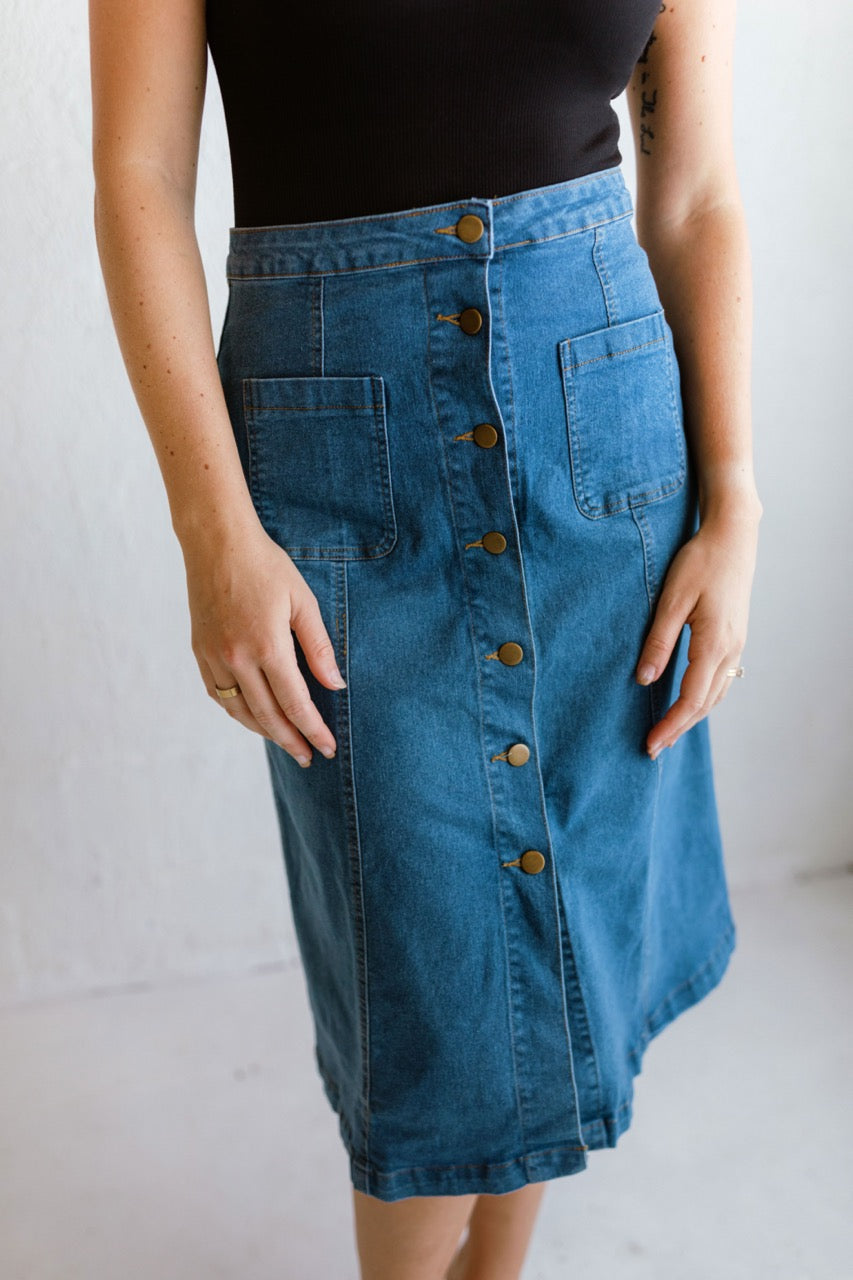 Button Through Stretch Denim A Line Skirt, Dark Blue, UK Sizes 8 to 14